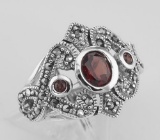 Antique Style Genuine Red Garnet and Marcasite Ring - Sterling Silver