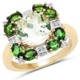 14K Yellow Gold Plated 5.36 Carat Genuine Green Amethyst Chrome Diopside and White Topaz .925 Sterli