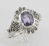 Victorian Style Genuine Amethyst and Marcasite Ring - Sterling Silver