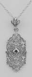 Art Deco Style Filigree Pendant w/ Blue Sapphire - Sterling Silver