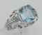 Large Emerald Cut Genuine Blue Topaz Filigree Ring - Sterling Silver
