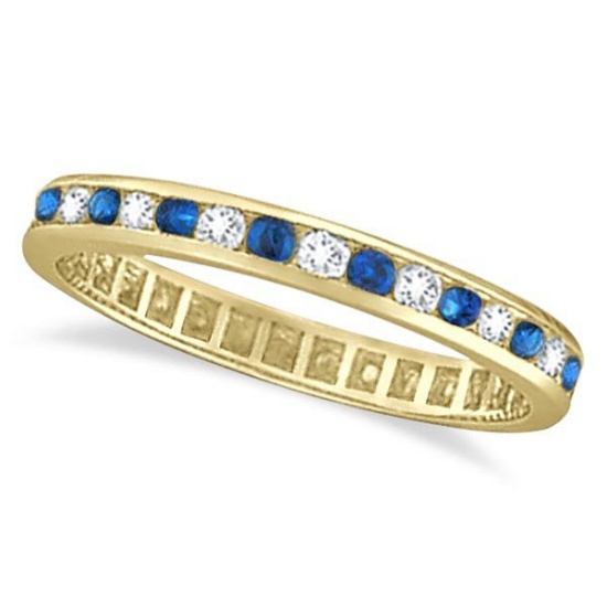 1.04ct Blue Sapphire and Diamond Channel Set Eternity Band 14k Yellow Gold