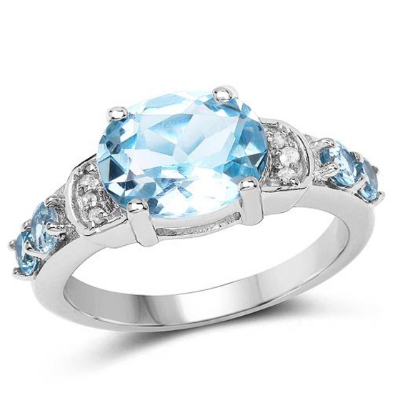 3.06 Carat Genuine Blue Topaz and White Diamond .925 Sterling Silver Ring