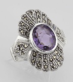 2 1/4 Carat Genuine Amethyst and Marcasite Ring - Sterling Silver