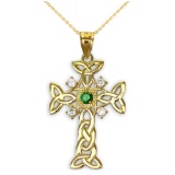 10K Gold Celtic Knot Trinity Cross Diamond Pendant with Genuine Emerald APPROX .35 CTW