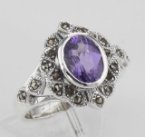 Lovely 1 Carat Genuine Amethyst and Marcasite Ring - Sterling Silver