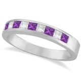 Princess Channel-Set Diamond and Amethyst Ring Band 14K White Gold