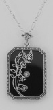 Art Deco Style Onyx / Diamond Pendant with Chain - Sterling Silver