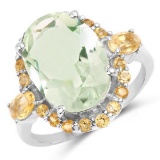 6.04 Carat Genuine Green Amethyst and Citrine .925 Sterling Silver Ring