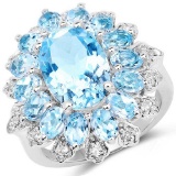 7.57 Carat Genuine Blue Topaz and White Topaz .925 Sterling Silver Ring