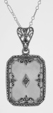 Fleur de Lis Design Crystal Filigree Pendant w Diamond Sterling Silver