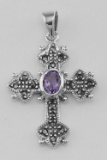 Marcasite Cross Pendant with Amethyst - Sterling Silver