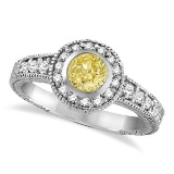 Yellow Canary and White Diamond Antique Style Ring 14K W Gold (0.80ct)