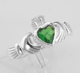 Irish Claddagh Ring w/ Green CZ Gemstone - Sterling Silver