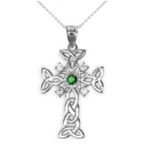 10K White Gold Celtic Knot Trinity Cross Diamond Pendant with Genuine Emerald APPROX .30 CTW
