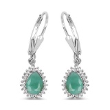 1.45 Carat Genuine Emerald and White Topaz .925 Sterling Silver Earrings