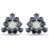 3.18 Carat Genuine Blue Sapphire and White Zircon .925 Sterling Silver Earrings