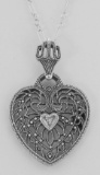 Classic Filigree Heart Pendant w/ Diamond and Chain - Sterling Silver