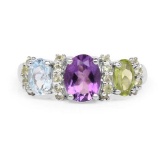 2.47 Carat Genuine Amethyst Blue Topaz and Peridot .925 Sterling Silver Ring