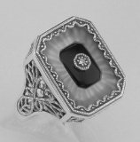 Victorian Style Camphor Glass / Black Onyx / Diamond Ring Sterling Silver