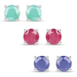 3.36 Carat Emerald Glass Filled Ruby and Glass Filled Sapphire .925 Sterling Silver Earrings