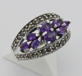 Amethyst Marcasite Ring - Sterling Silver