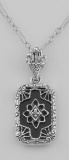 Genuine Black Onyx Filigree Pendant w/ Diamond - Sterling Silver