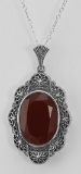 Art Deco Style Faceted Carnelian Filigree Pendant - Sterling Silver