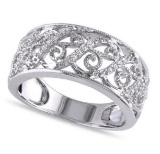 Ladies Pave Set Filigree Diamond Ring 14k White Gold 0.10ct