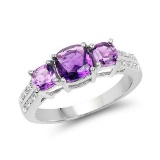 1.37 Carat Genuine Amethyst and White Topaz .925 Sterling Silver Ring