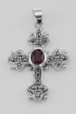 Marcasite Cross Pendant with Garnet - Sterling Silver