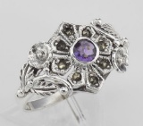 Victorian Style Genuine Amethyst and Marcasite Flower Ring - Sterling Silver