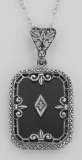 Fleur de Lis Design Onyx and Diamond Pendant with Chain Sterling Silver