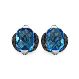 3.74 Carat Genuine Blue Topaz & Black Diamond .925 Streling Silver Earrings