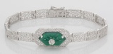Victorian Style Filigree Bracelet w/ Green Onyx & Diamond 7 1/4 in. Sterling Silver