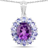 6.18 Carat Genuine Amethyst and Tanzanite .925 Sterling Silver Pendant