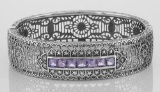 Art Deco Style Filigree Bangle Amethyst / Diamond Sterling Silver