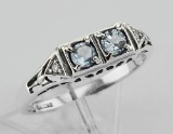 Art Deco Style Blue Topaz Filigree Ring w/ 2 Diamonds - Sterling Silver