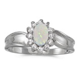 Certified 14k White Gold Oval Opal And Diamond Ring 0.33 CTW