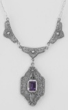 Victorian Style Floral Amethyst Filigree 19 in. Necklace - Sterling Silver