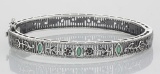 Victorian Style Floral Filigree Emerald Bangle Bracelet - Sterling Silver