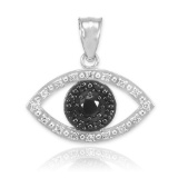 10K White Gold Evil Eye Pendant with Clear and Black Diamonds