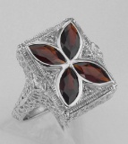 Art Deco Style 4 Stone Garnet & Diamond Ring - Sterling Silver