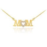 14K Gold MOM Diamond Studded Heart Horizontal Necklace APPROX .05 CTW (SI1-2, G-H)