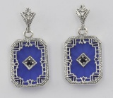 Filigree Blue Crystal / Sapphire Art Deco Earrings - Sterling Silver