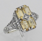 2 Carat Citrine Filigree Ring w/ Diamond - Sterling Silver