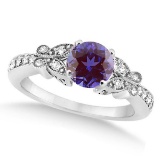Butterfly Alexandrite and Diamond Engagement Ring 14K W. Gold 1.28ct