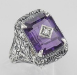 Art Deco Style Amethyst and Diamond Ring - Sterling Silver