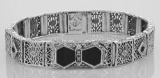 Art Deco Style Filigree Link Bracelet Black Onyx & Diamonds Sterling Silver