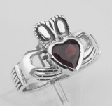 Irish Claddagh Ring with Genuine Red Garnet - Sterling Silver